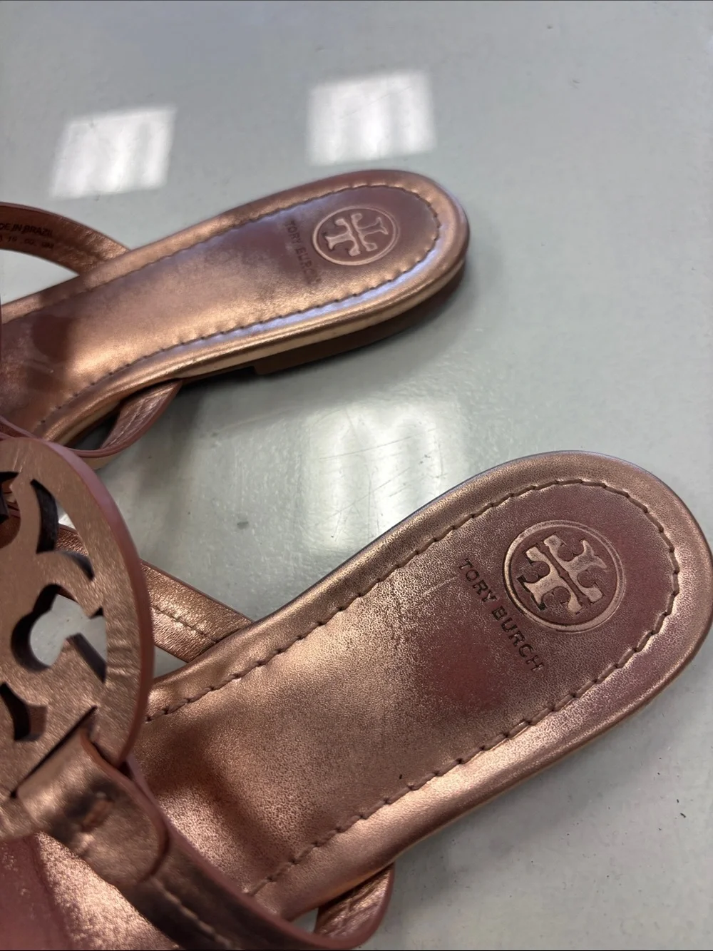 Tory Burch Rose Gold Leather Logo Sandals